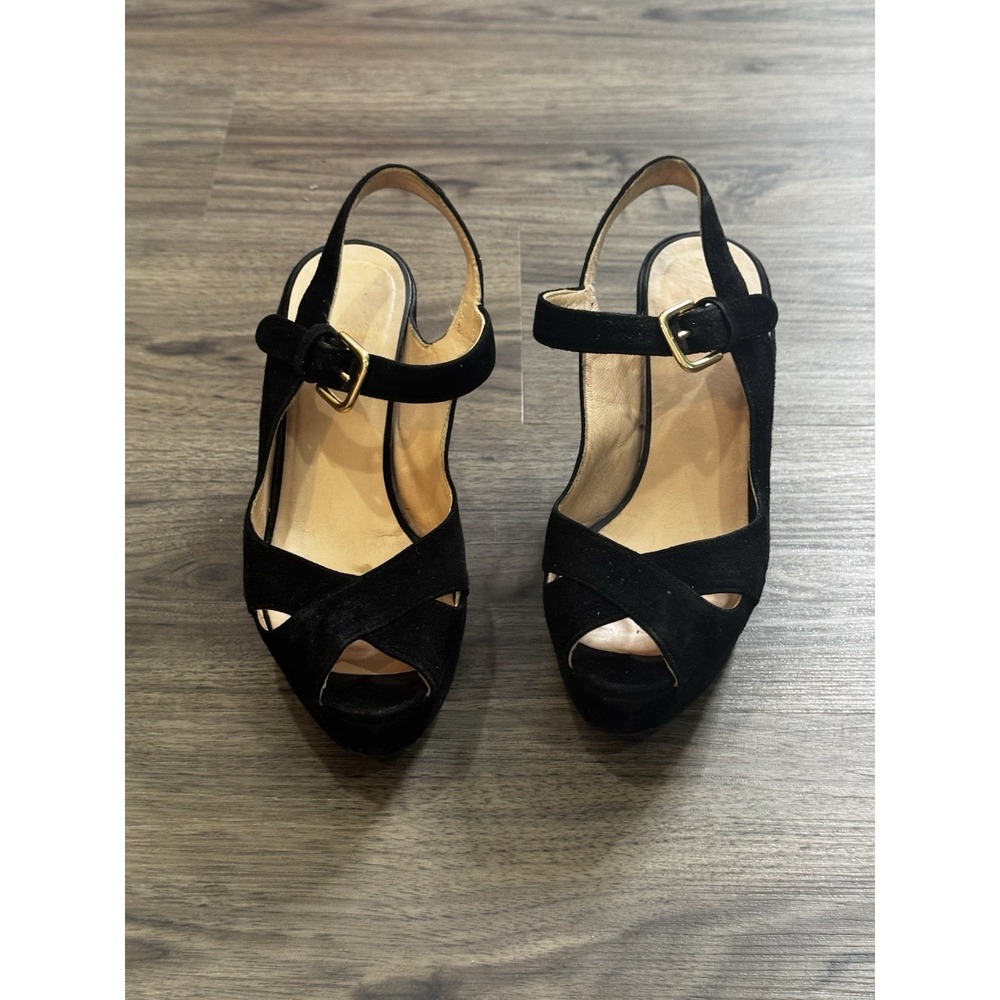 Stuart Weitzman Platform Wedges 5.5 Black Suede Y2K Peep Toe Chic Euro Summer - Picture 3 of 8
